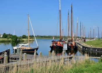 a group of boats docked at a pier